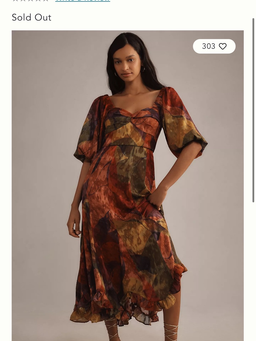 Hutch Rust, Olive & Mustard Abstract Midi Dress with Puff Sleeves